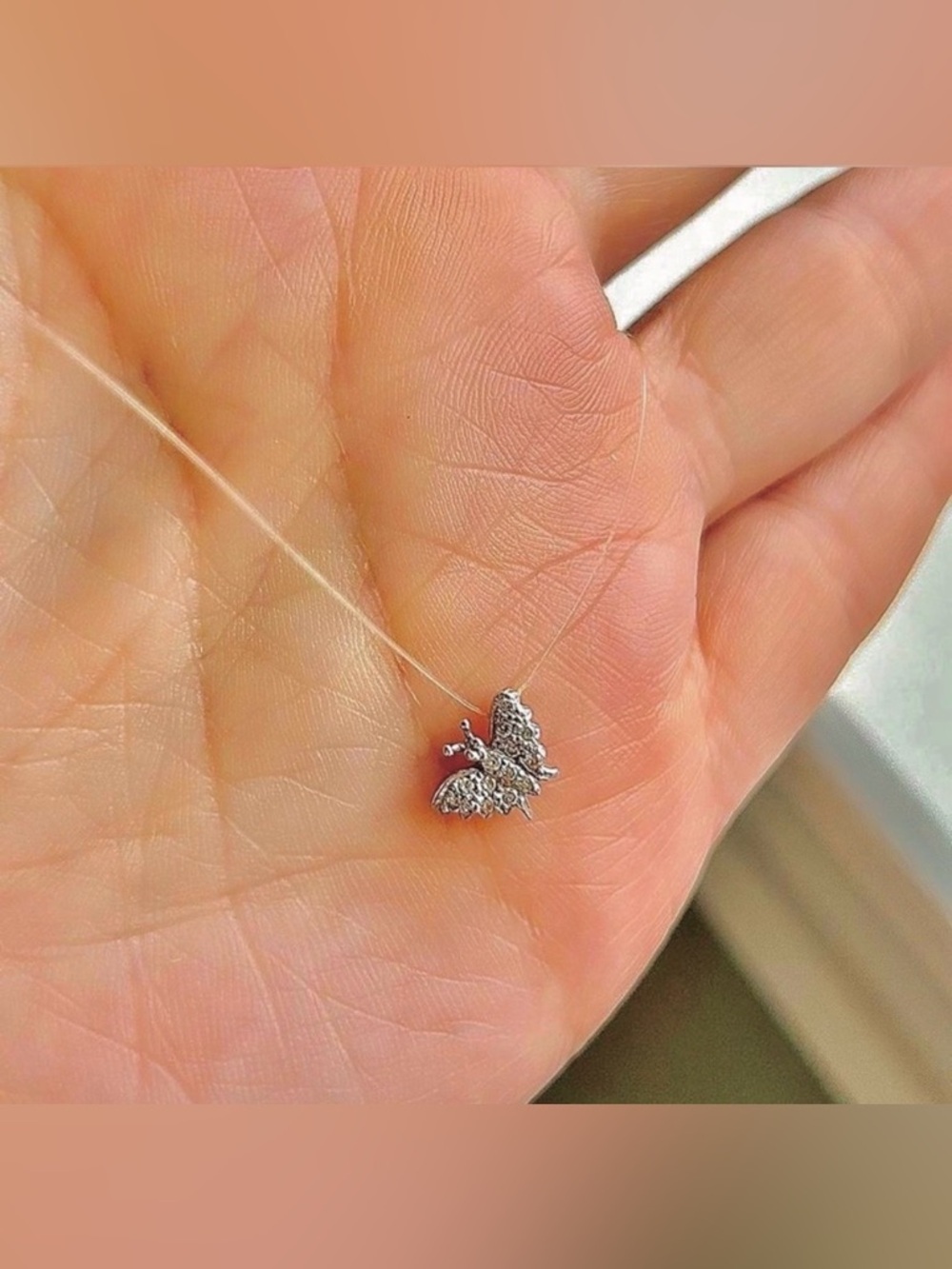 Dainty 18K Gold Diamond Pave Floating Butterfly Invisible Necklace - Picture 5 of 7